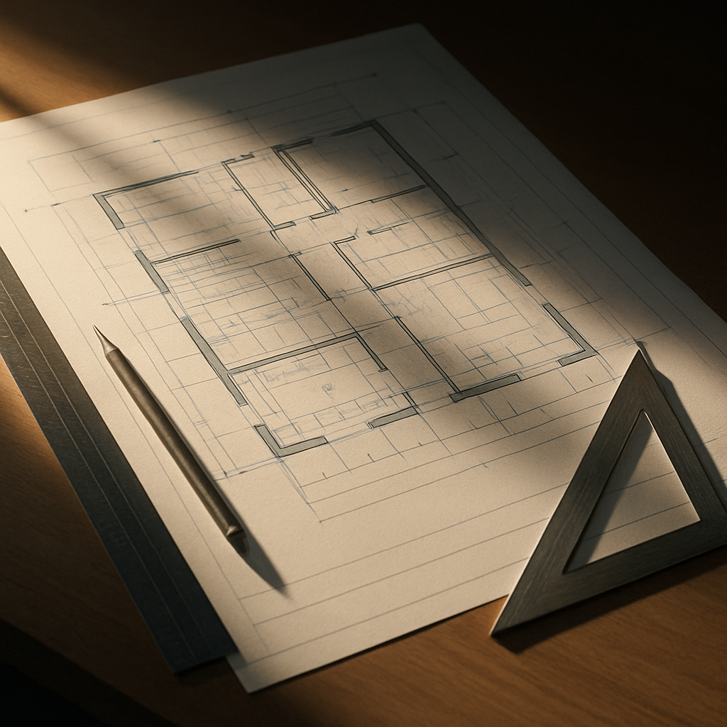 Architectural blueprints, pencil, and ruler on a designer's desk