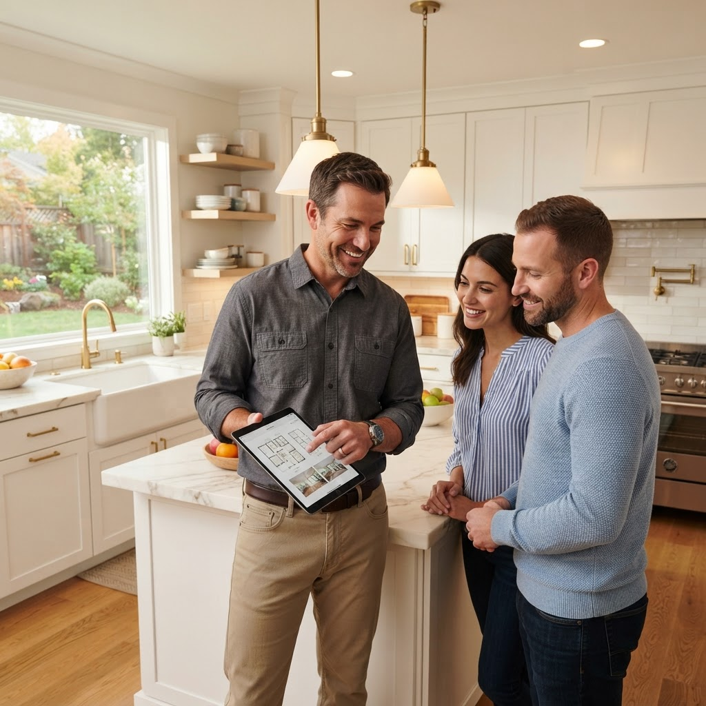 Nevada Pro Construction reviewing a kitchen remodel plan with homeowners in a newly renovated home